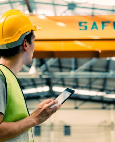 Young Asian male heavy industral worker using a digital tablet inside manufacturing and factory site with crane behind